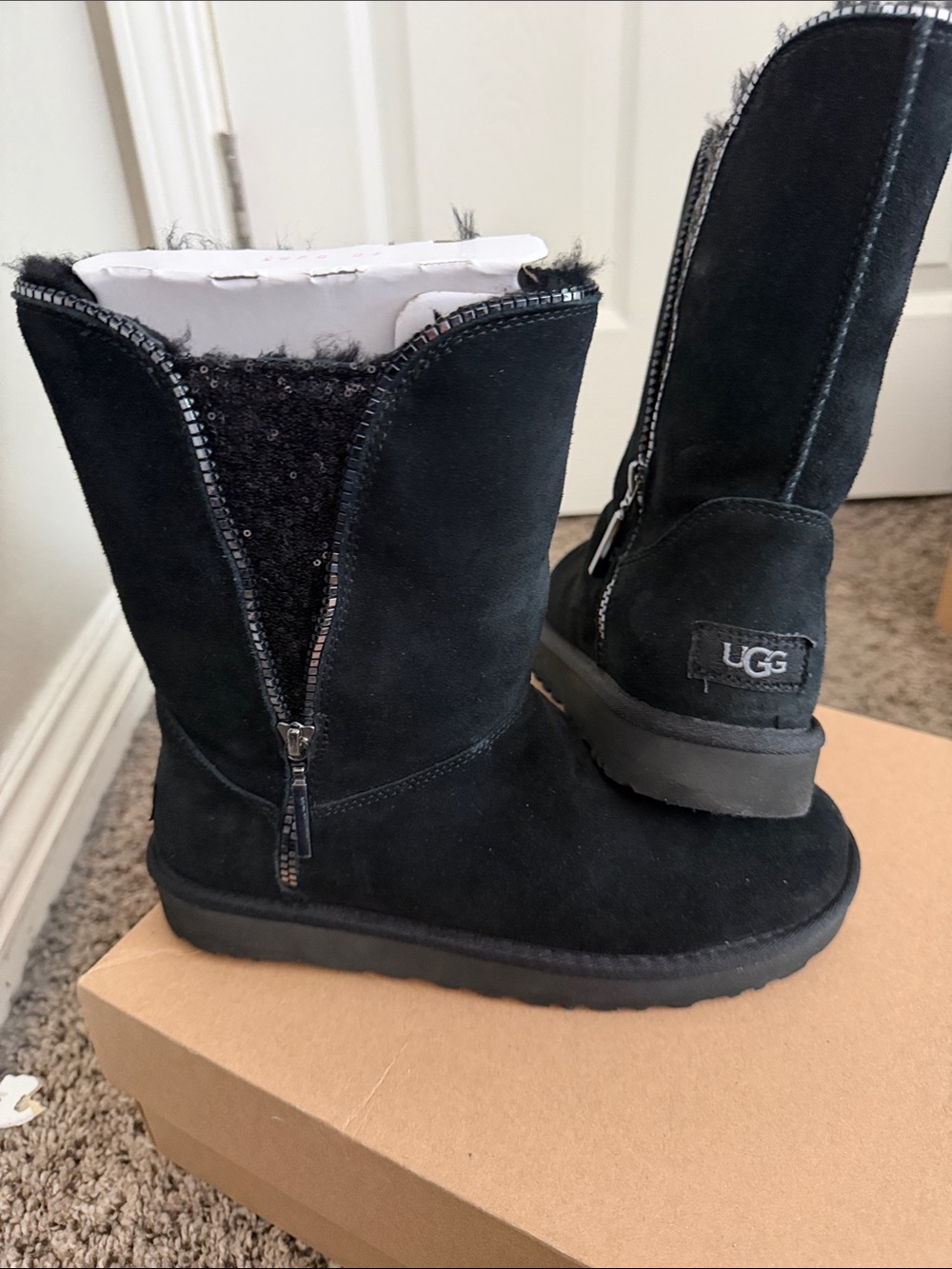 UGG Black Suede Zip Shearling Boots